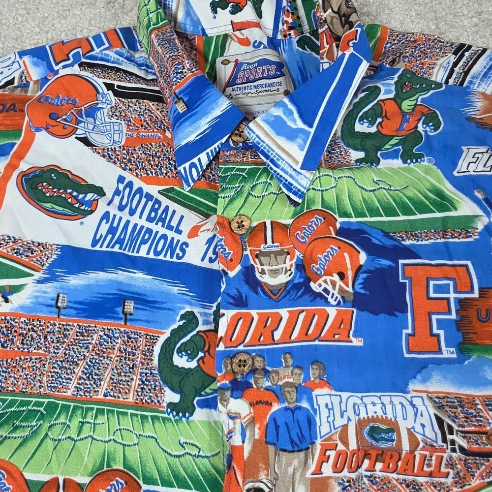 Reyn Spooner Florida Gators Shirt Large 1996 Champions Rayon Aloha Blue Vintage